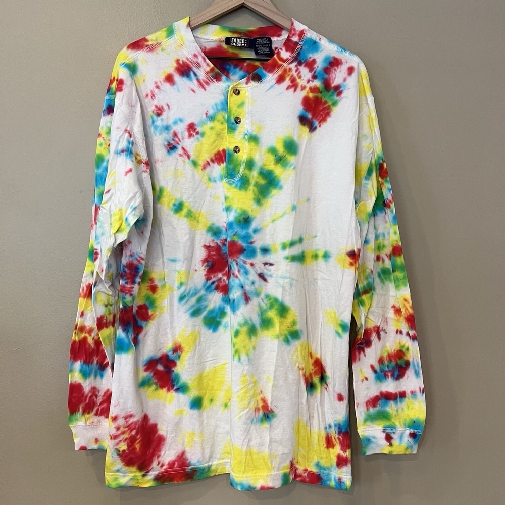 Vintage Tie dye shirt Mens Large TALL* Long Sleeve Henley T hippie Faded Glory